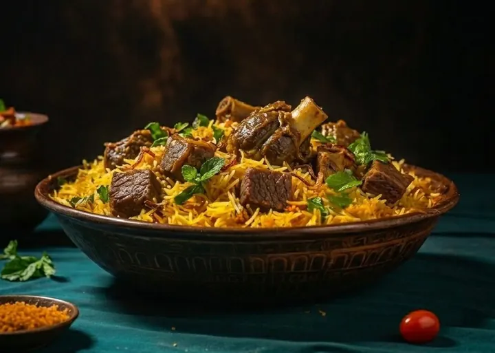 Beef dum biriyani served in a bowl, Amina's Biriyani Kochi