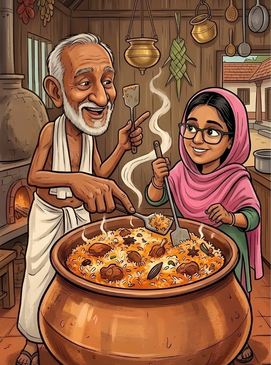 Illustration of Kayikka and his daughter cooking biriyani in a clay pot, a recipe passed down in Kochi
