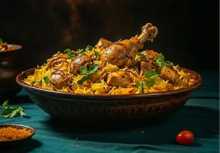Chicken dum biriyani served in a bowl, Amina's Biriyani Kochi