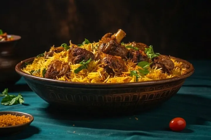 Mutton dum biriyani served in a bowl, Amina's Biriyani Kochi