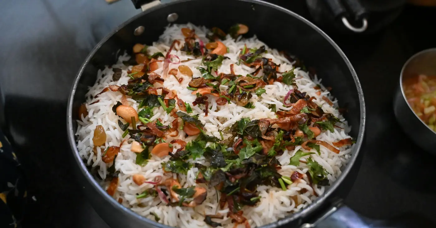 A pot of dum biriyani seen from above